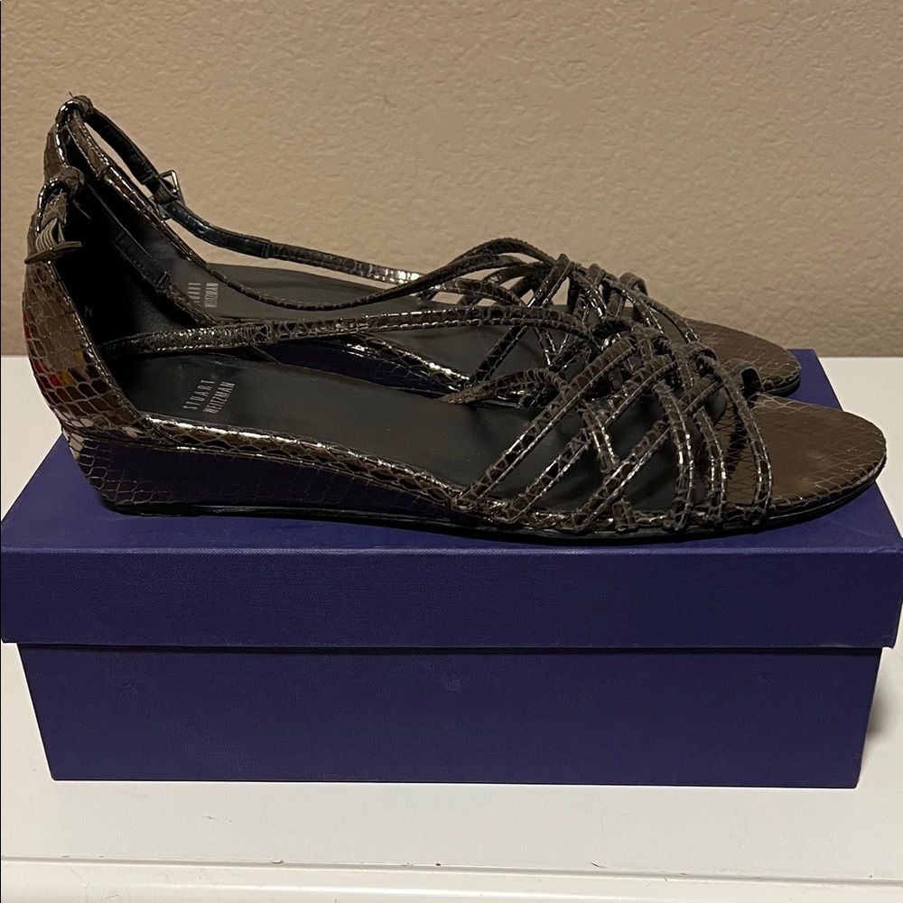 Stuart Weitzman Metallic Gray Wedge Sandals